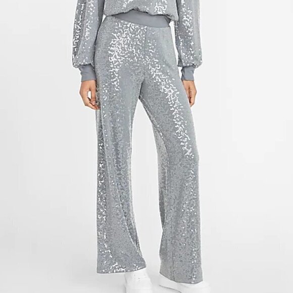 Silver Sequins High Waist Wide Leg Pant in Heather Gray NWT - Picture 1 of 5
